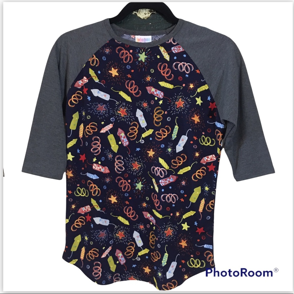 LuLaRoe Sloan Junior Fireworks Print Baseball Style T-Shirt Size 14